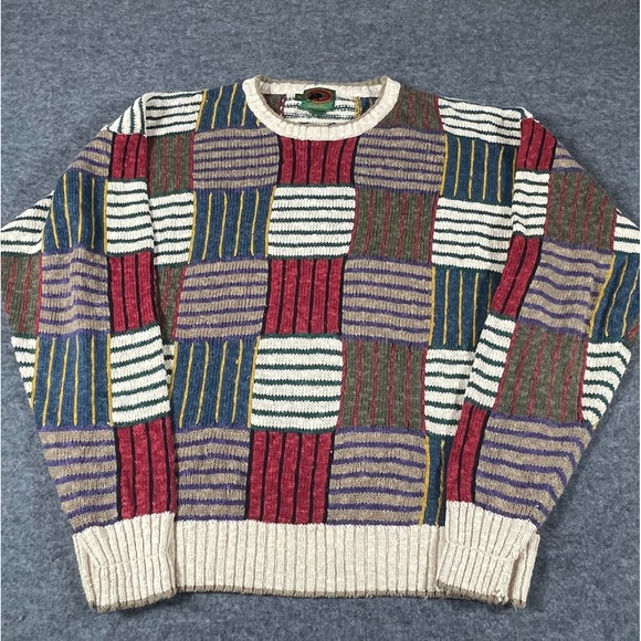 Vintage Boston Traders Sweater Mens XL Beige Plaid Linen Blend Patch Y2K Retro - Picture 1 of 13